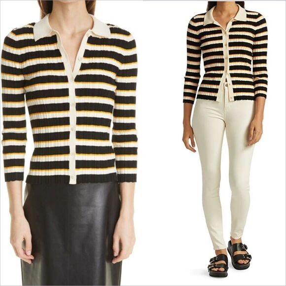 Theory Deep V Cardigan Hudson Stripe Cotton Size Medium Rib Knit - Picture 1 of 5